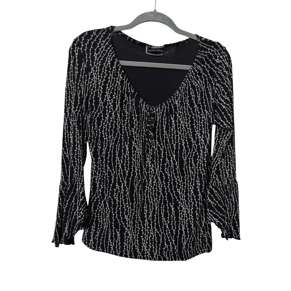 Y2K Frazier Lawrence Womens Black White Vine Bell Sleeve V-Neck Top Medium